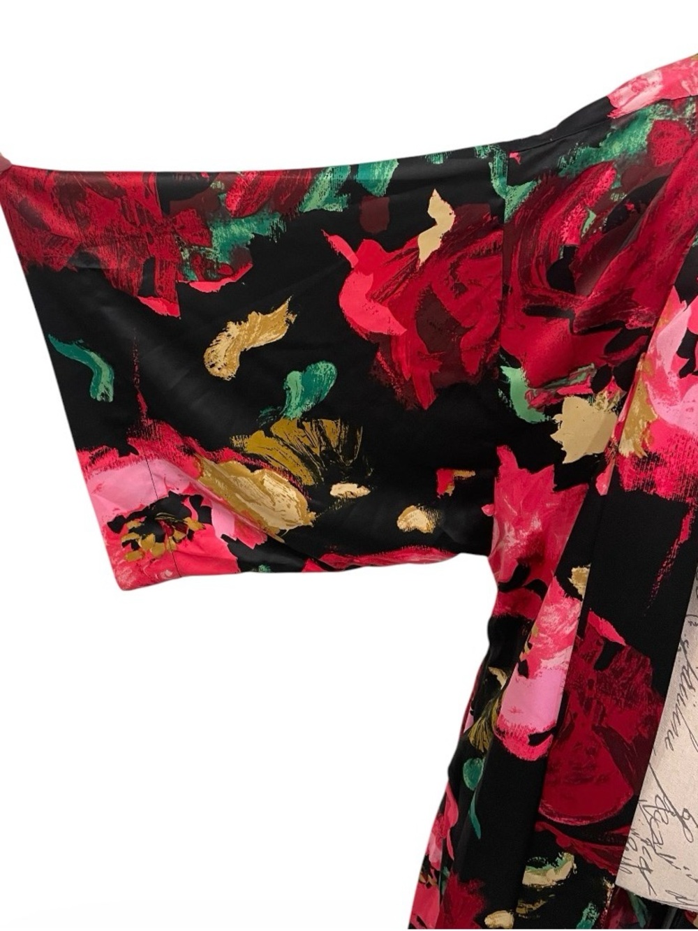 Natori Floral Satin Kimono Robe Black Pink Red Belted Lounge Cover Up Size Small - Picture 12 of 14